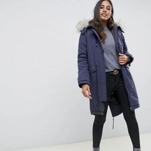 Asos Cotton Navy Blue Faux Fur Lined Hooded Coat